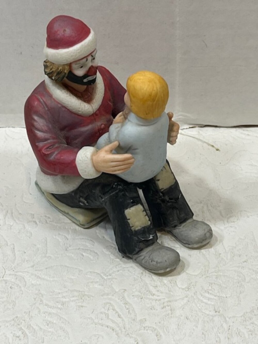 VTG Hand Painted Porcelain Hobo Clown Santa Claus w/Child (Knees Reglued) 4"Tall